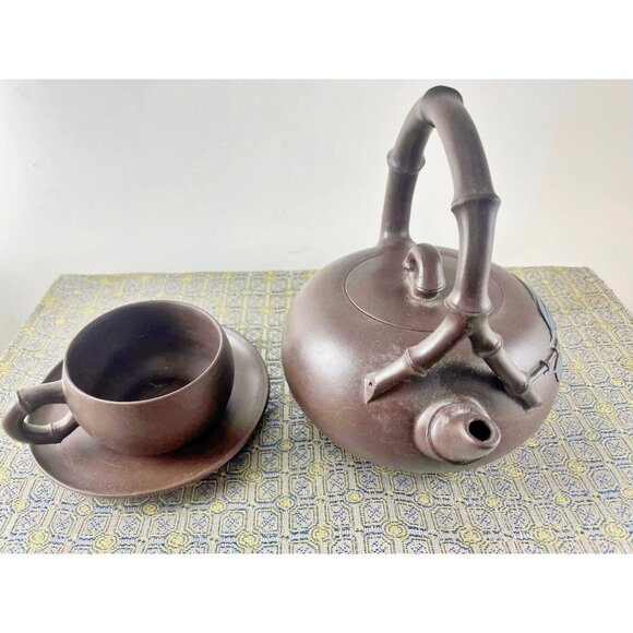 Vintage Chinese Yixing Zisha Clay Bamboo Teapot Set With 6 Cups & Saucers Origin - Picture 5 of 10